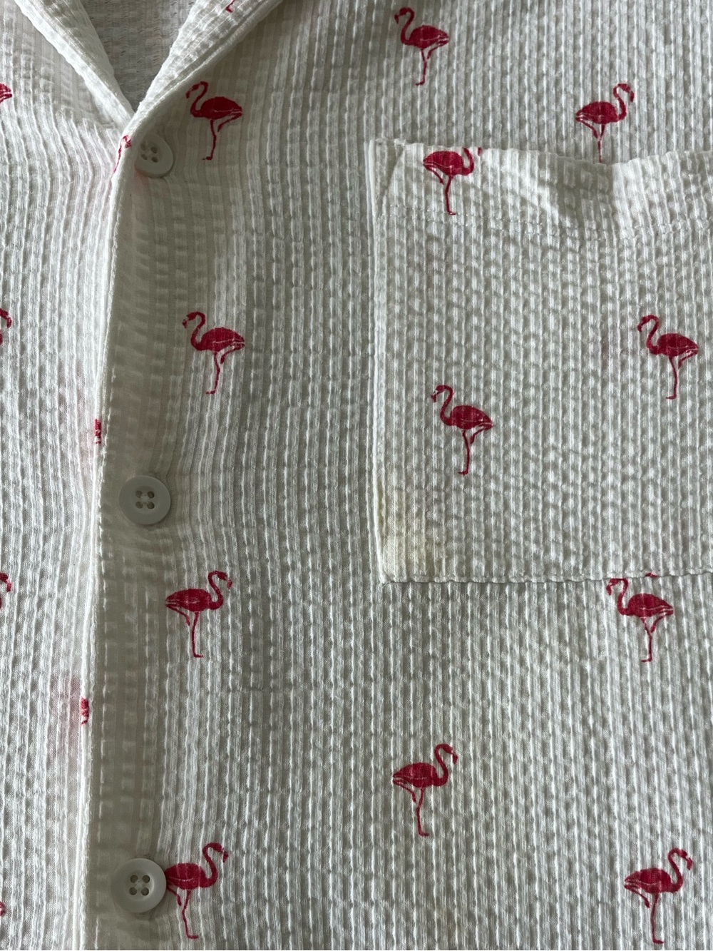 White Short-Sleeve Button-Up Shirt with Pink Flamingo Print - Picture 2 of 3